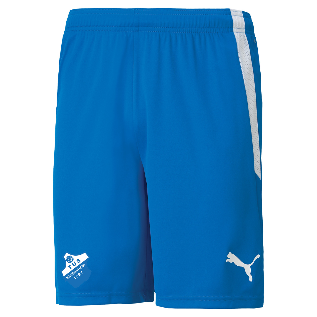 PUMA Herren teamLIGA Shorts in Weiß, Blau, Gelb und Grau Inkl. TUS Sausenheim Wappen