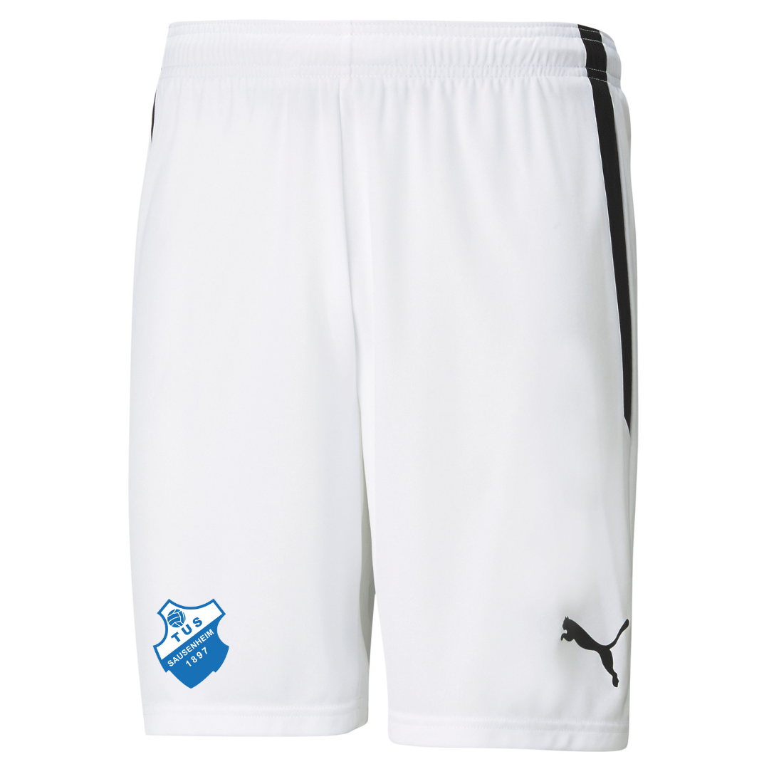 PUMA Herren teamLIGA Shorts in Weiß, Blau, Gelb und Grau Inkl. TUS Sausenheim Wappen
