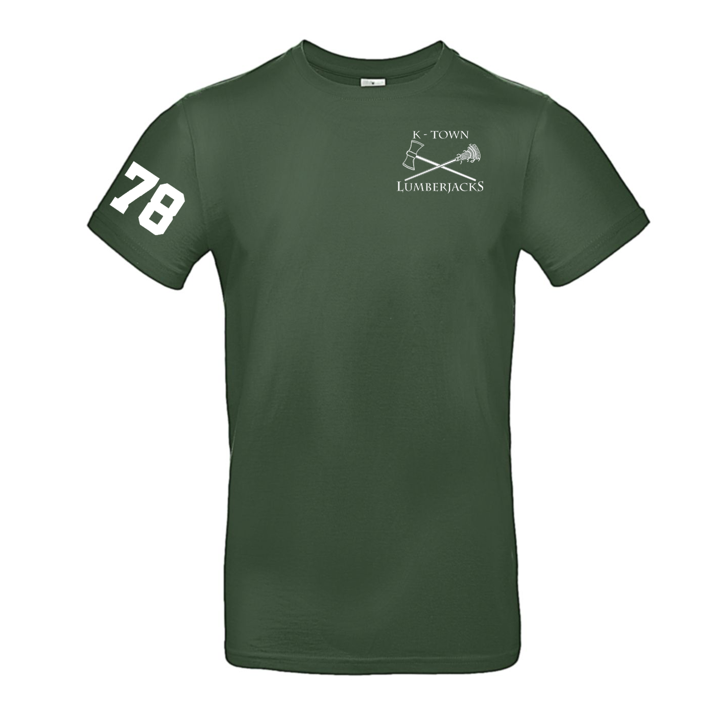 B&C HERREN T-Shirt bottle Green, Weiß  inkl. Vereinslogo Li-Brust, Re-Armnummer und Rückendruck protect the woods Logo